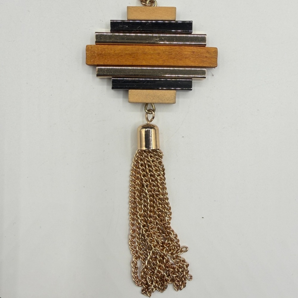 Geometric Wood Mixed Metal Bar Pendant Tassel Necklace Gold Tone Boho Statement